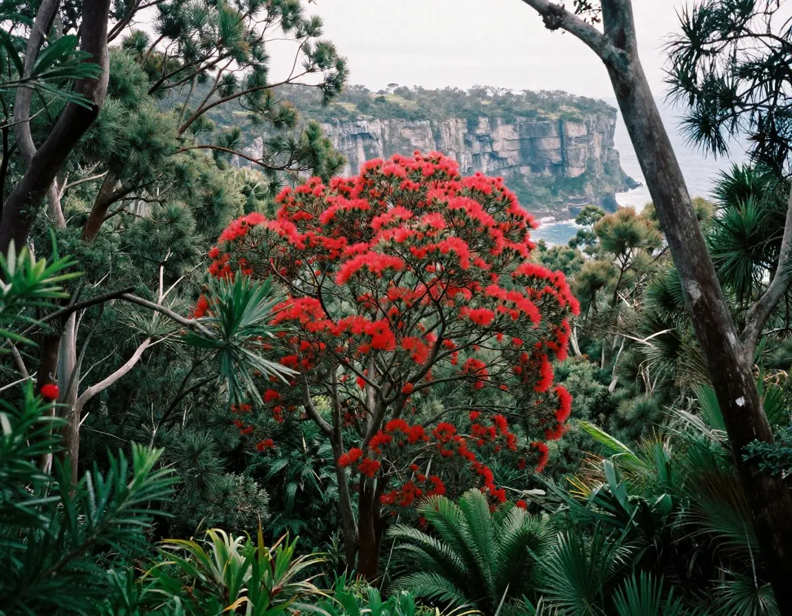 Native New Zealand trees including Pohutukawa and Totara species